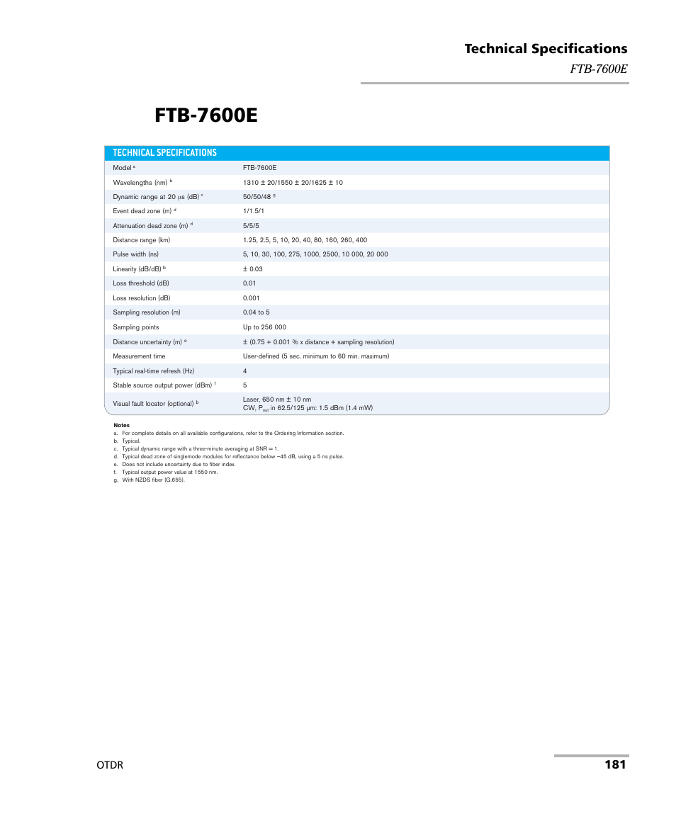 Ftb-7600e, Technical specifications, Otdr | EXFO OTDR 2 User Manual | Page 189 / 219