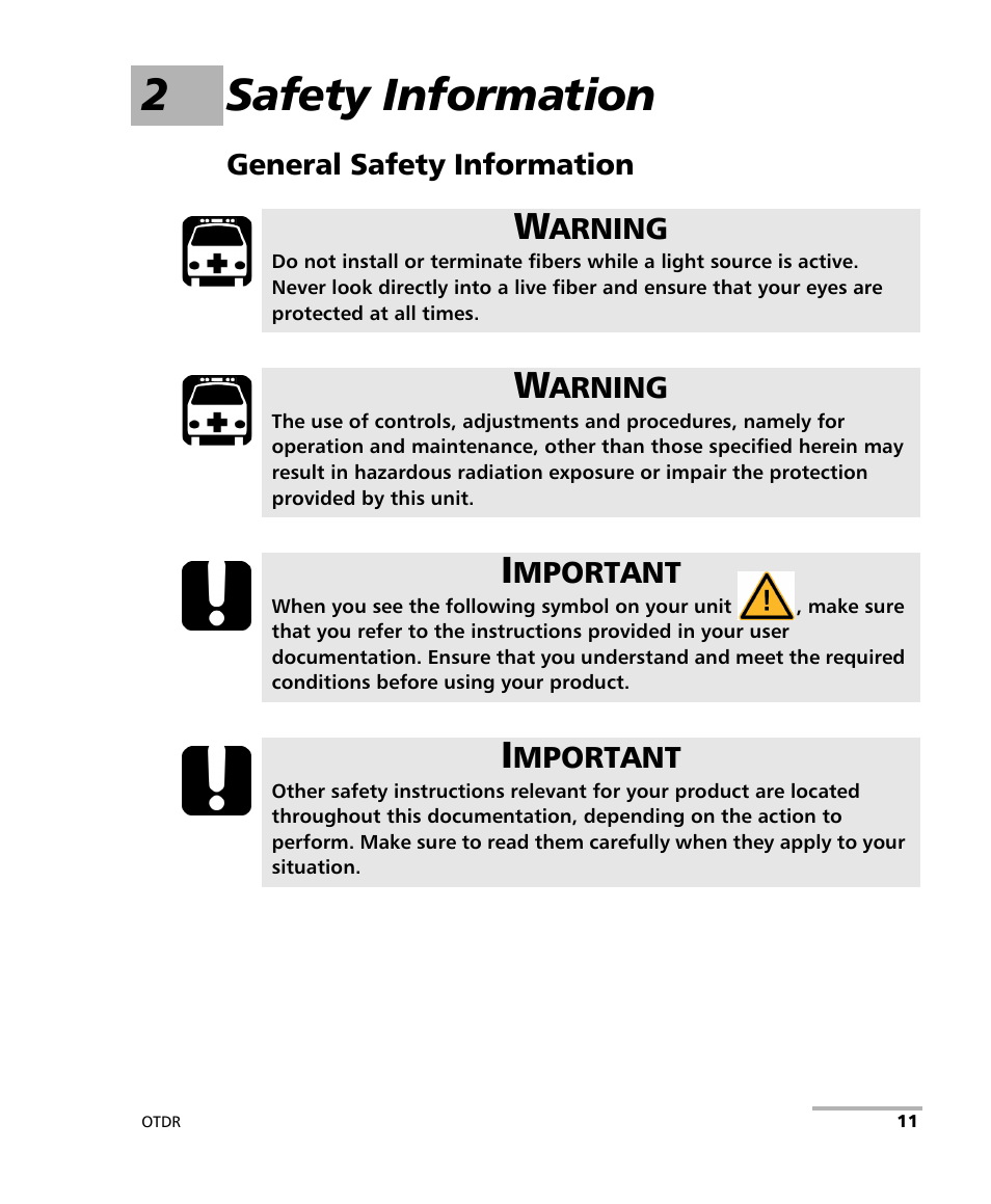 2 safety information, General safety information, 2safety information | EXFO OTDR 2 User Manual | Page 19 / 219