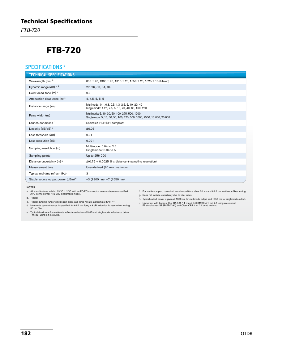 Ftb-720, Specifications, Technical specifications | Otdr | EXFO OTDR 2 User Manual | Page 190 / 219