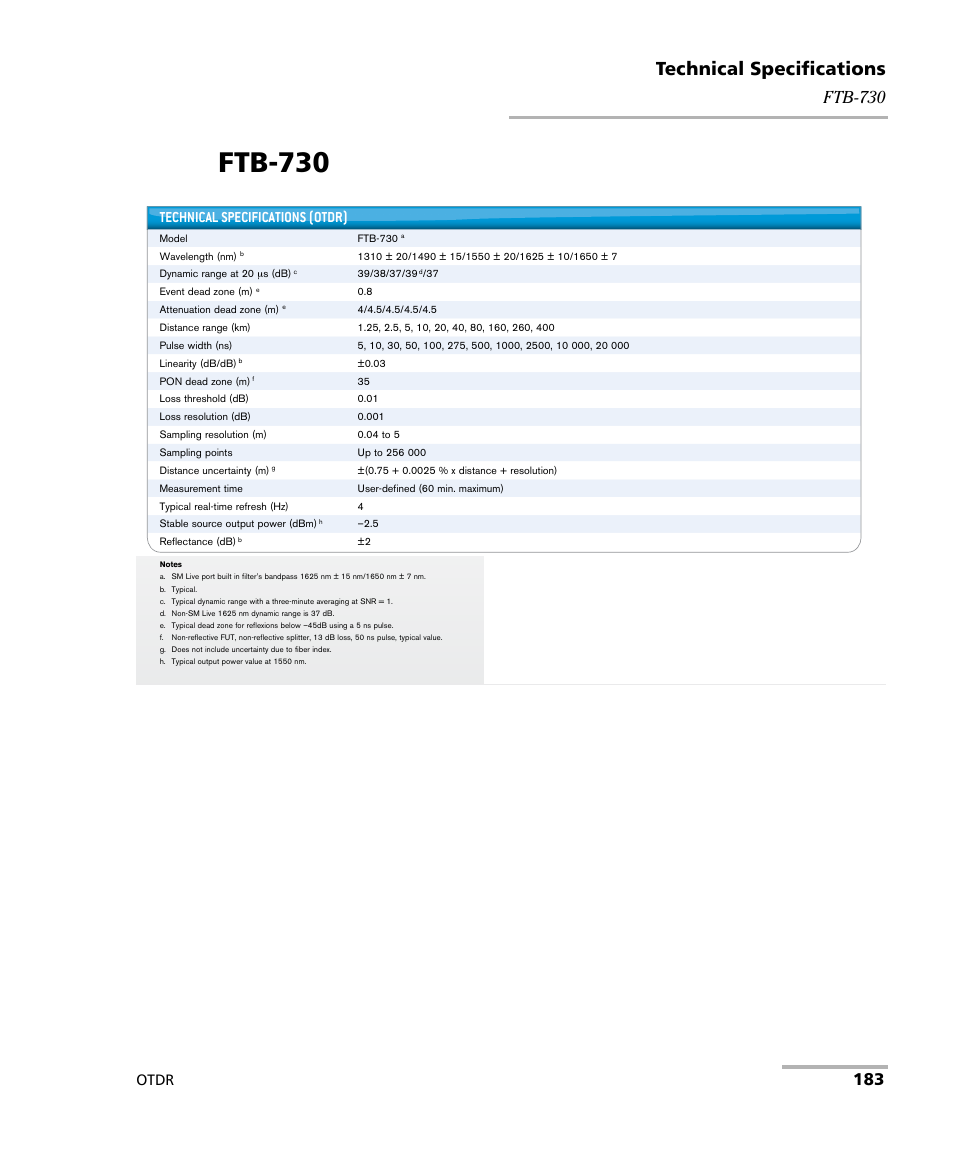 Ftb-730, Technical specifications, Otdr | Technical specifications (otdr) | EXFO OTDR 2 User Manual | Page 191 / 219