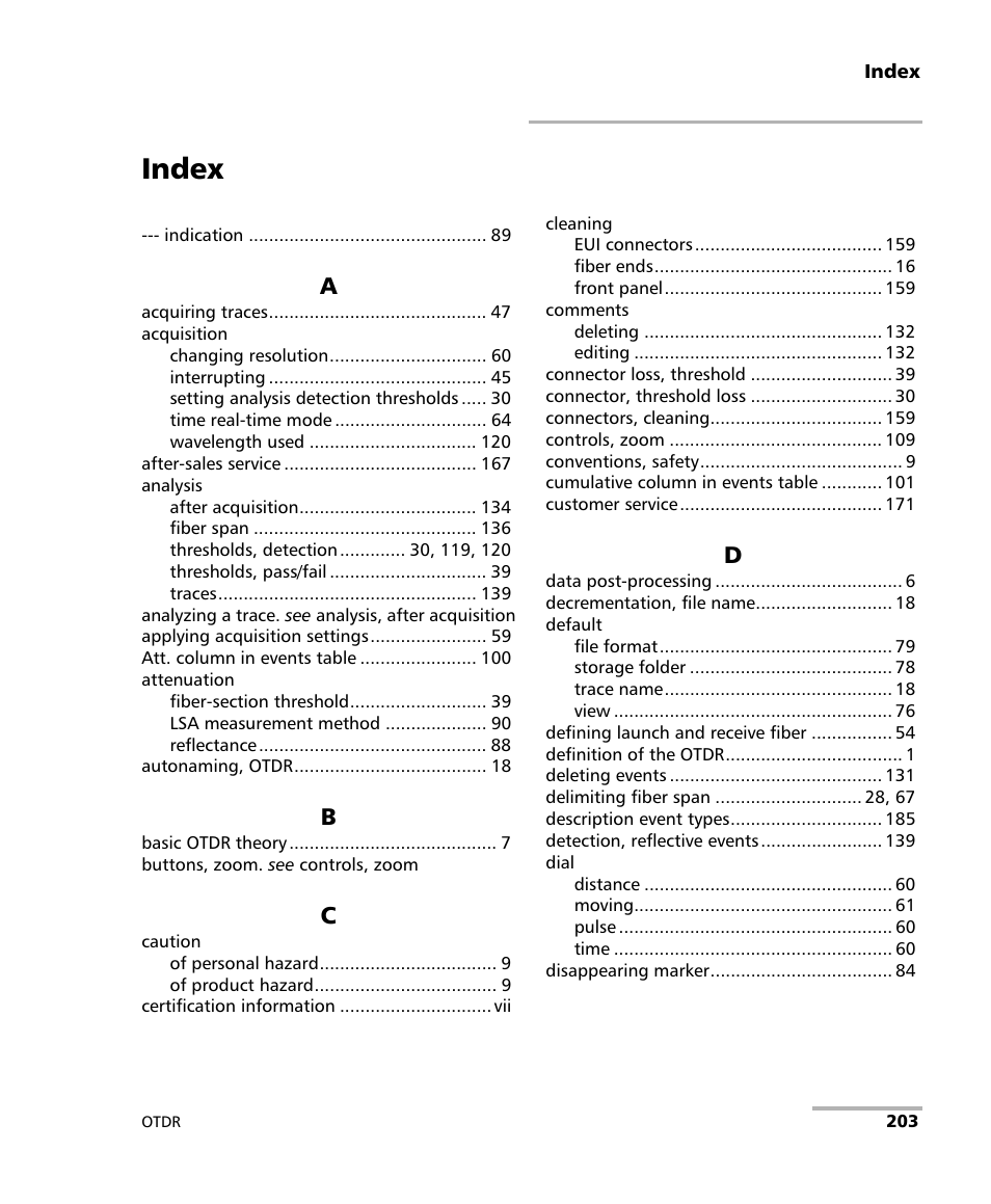 Index | EXFO OTDR 2 User Manual | Page 211 / 219