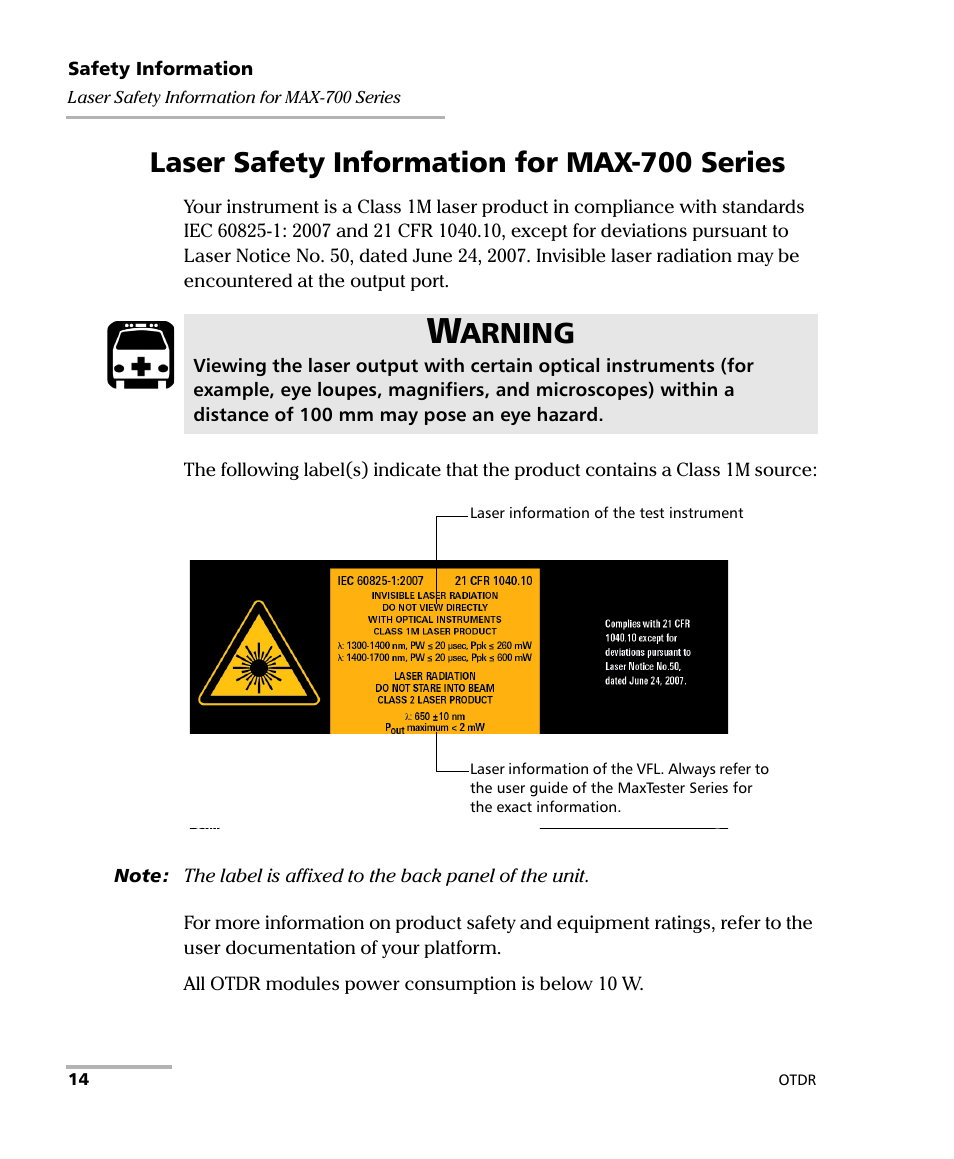 Laser safety information for max-700 series, Arning | EXFO OTDR 2 User Manual | Page 22 / 219