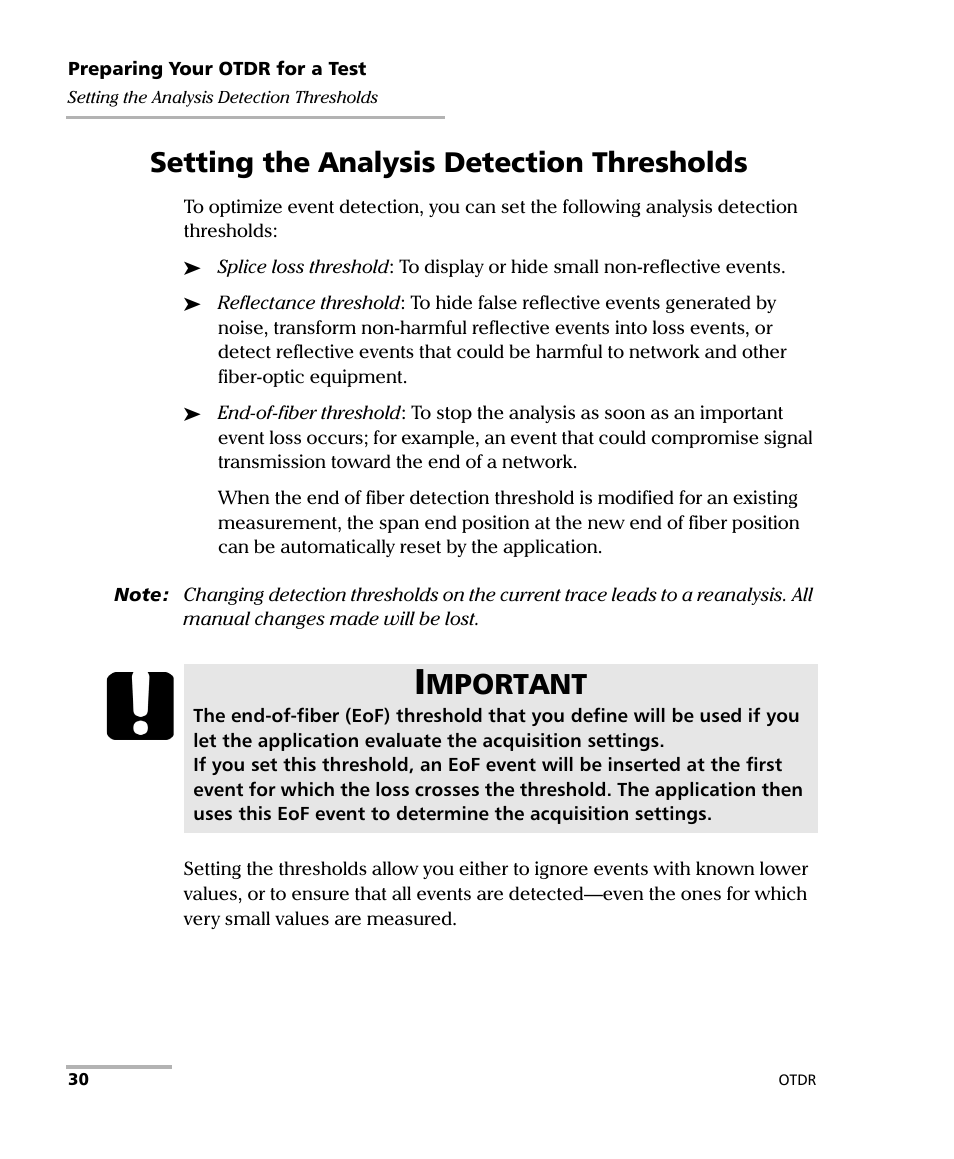 Setting the analysis detection thresholds, Mportant | EXFO OTDR 2 User Manual | Page 38 / 219