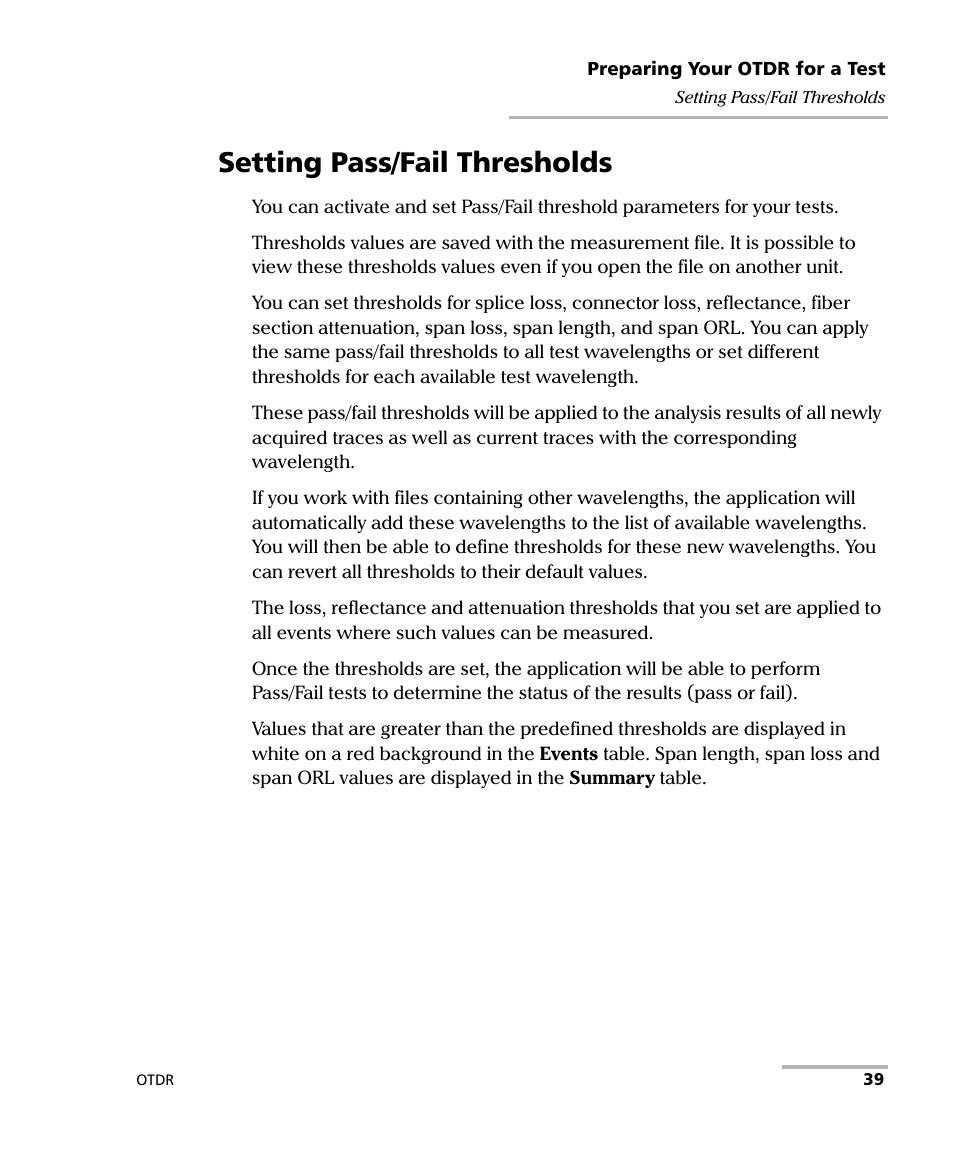 Setting pass/fail thresholds | EXFO OTDR 2 User Manual | Page 47 / 219