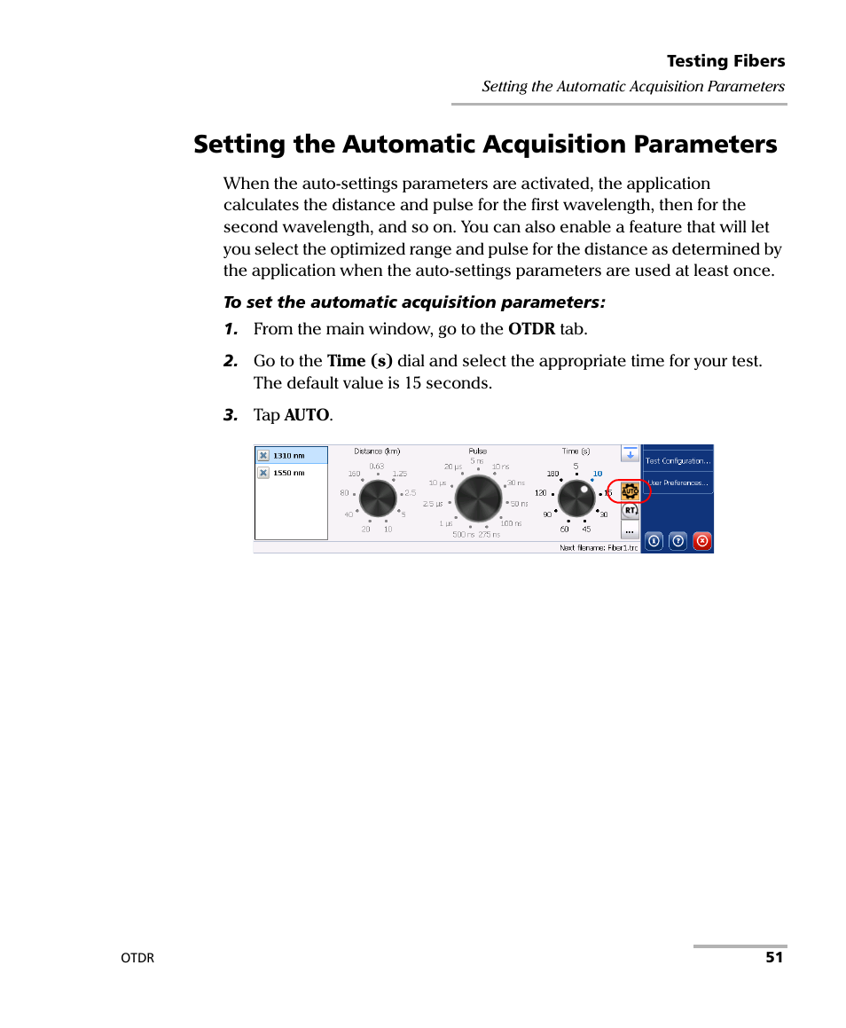 Setting the automatic acquisition parameters | EXFO OTDR 2 User Manual | Page 59 / 219