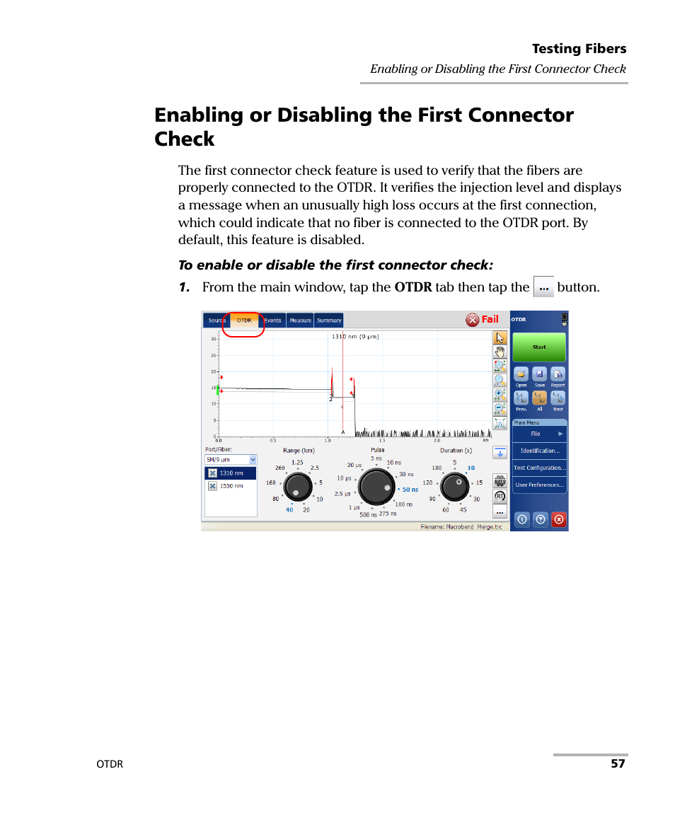 Enabling or disabling the first connector check, Enabling or disabling | EXFO OTDR 2 User Manual | Page 65 / 219