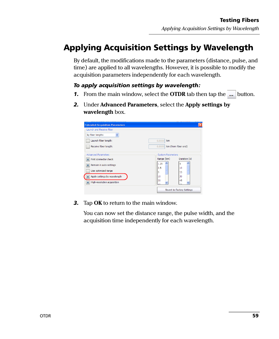 Applying acquisition settings by wavelength, Applying | EXFO OTDR 2 User Manual | Page 67 / 219