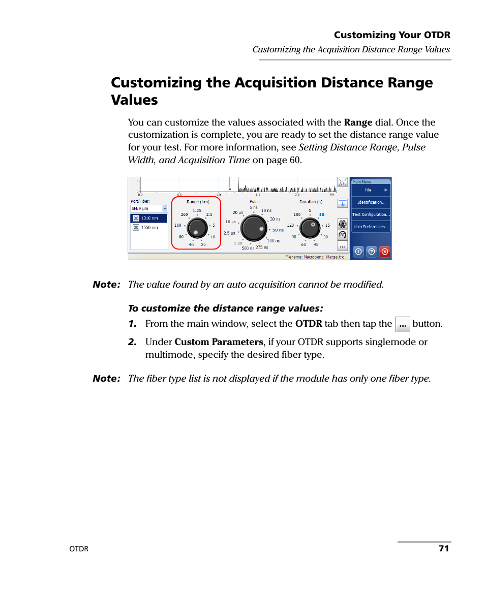 Customizing the acquisition distance range values | EXFO OTDR 2 User Manual | Page 79 / 219