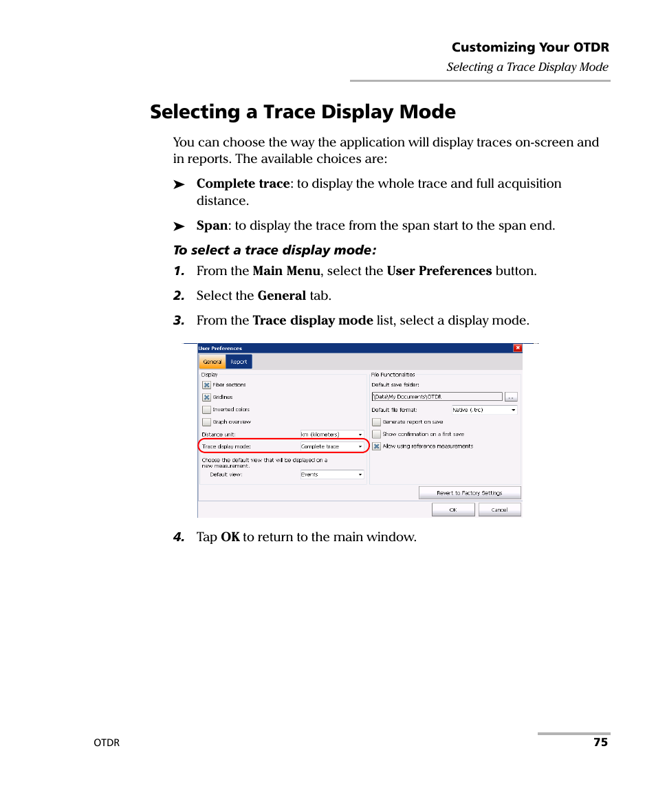 Selecting a trace display mode | EXFO OTDR 2 User Manual | Page 83 / 219