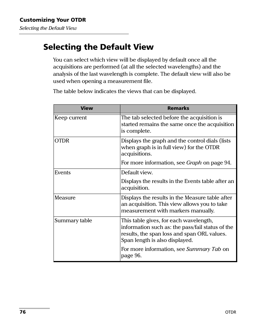 Selecting the default view | EXFO OTDR 2 User Manual | Page 84 / 219