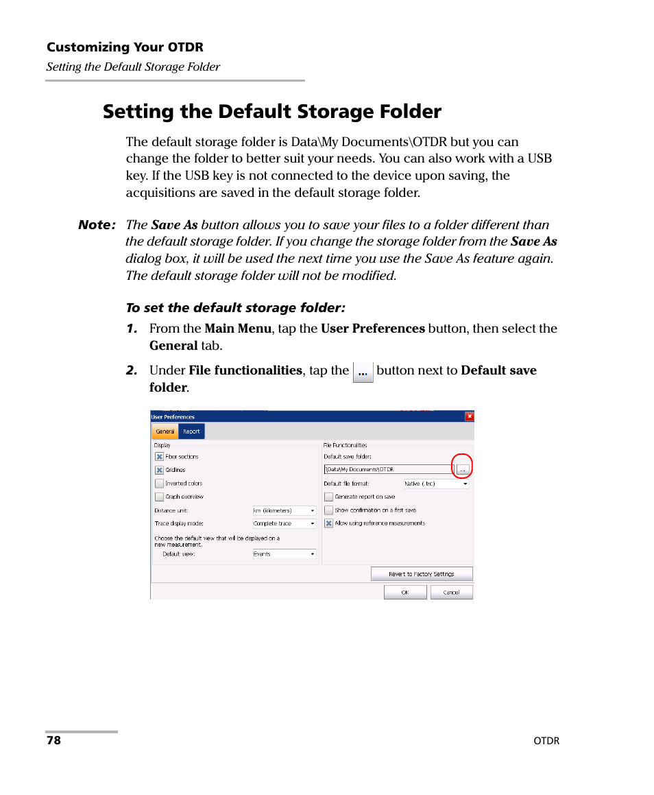 Setting the default storage folder | EXFO OTDR 2 User Manual | Page 86 / 219