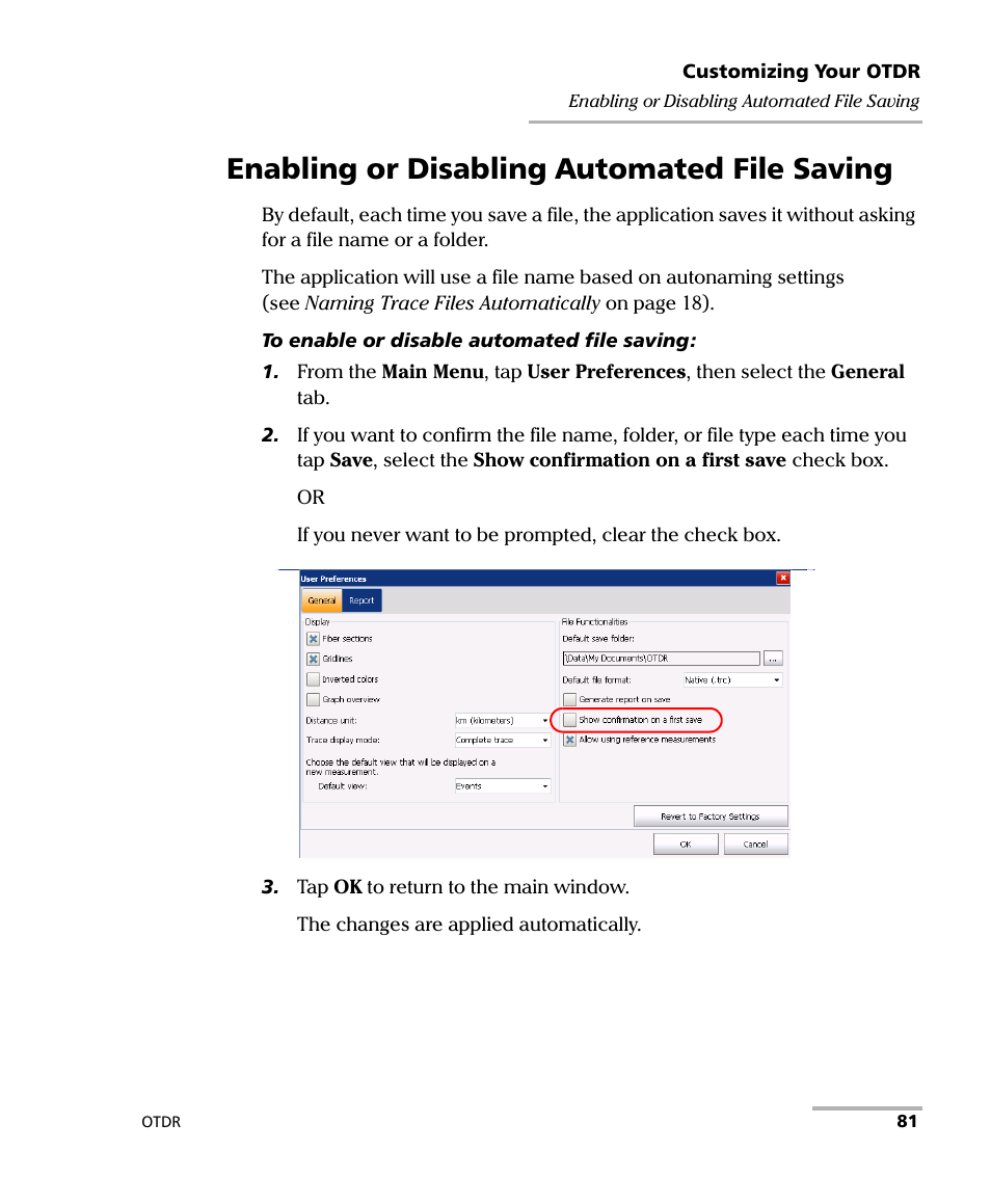 Enabling or disabling automated file saving | EXFO OTDR 2 User Manual | Page 89 / 219