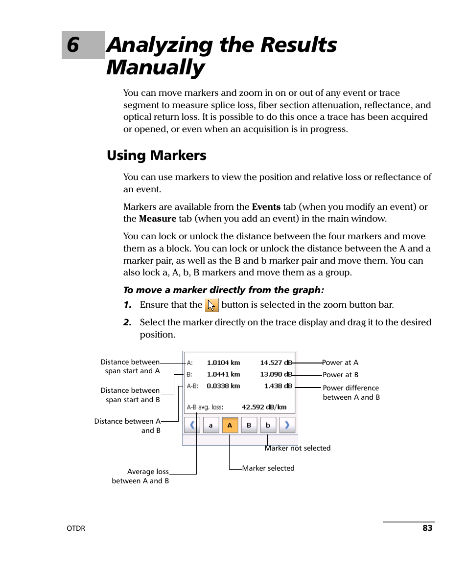 6 analyzing the results manually, Using markers, 6analyzing the results manually | EXFO OTDR 2 User Manual | Page 91 / 219