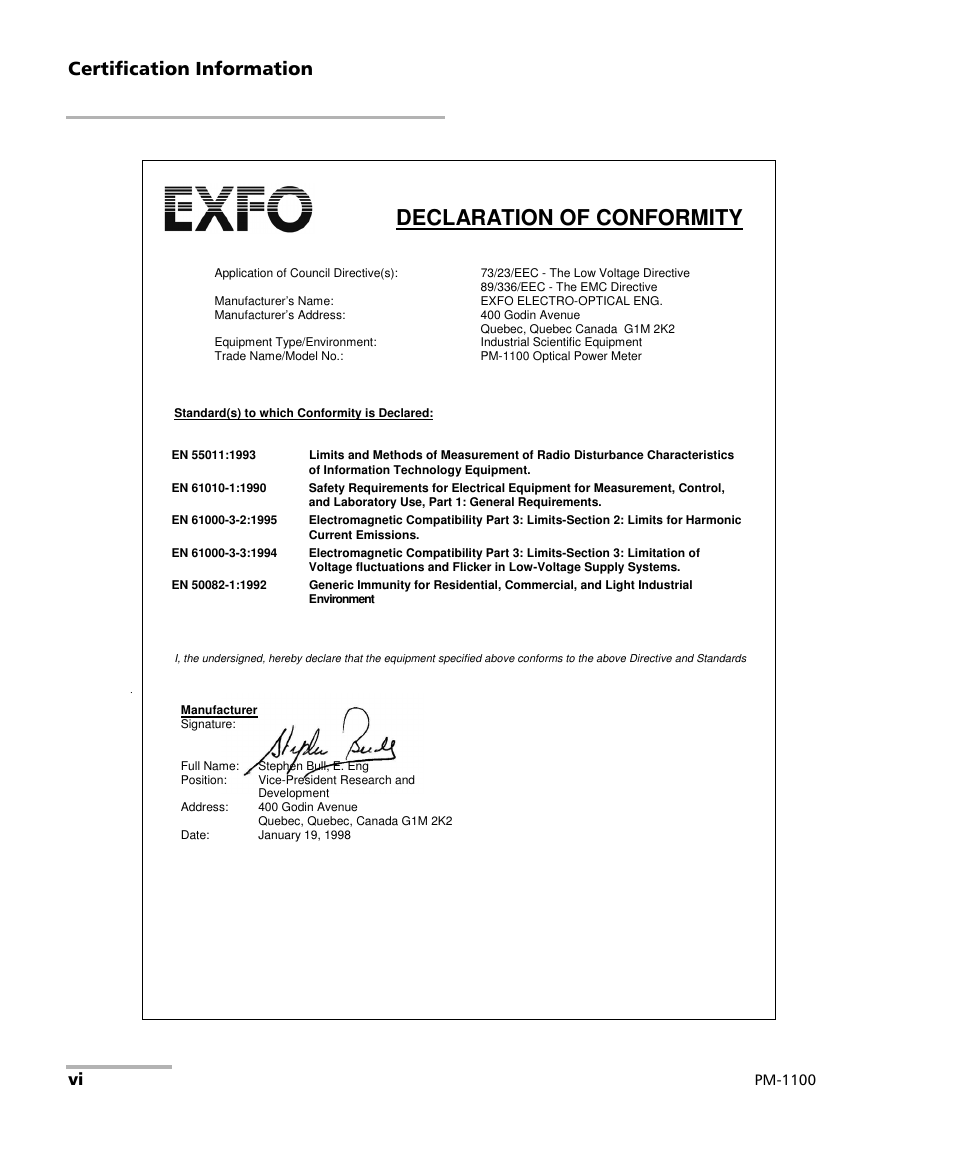 Declaration of conformity, Certification information | EXFO PM-1100 Optical Power Meter User Manual | Page 10 / 111