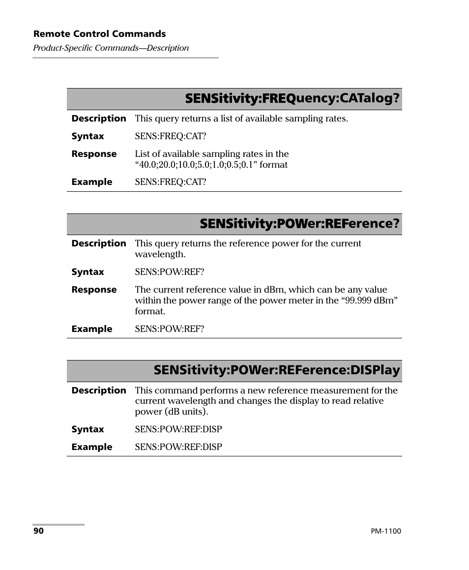 Sensitivity:frequency:catalog, Sensitivity:power:reference, Sensitivity:power:reference:display | EXFO PM-1100 Optical Power Meter User Manual | Page 100 / 111