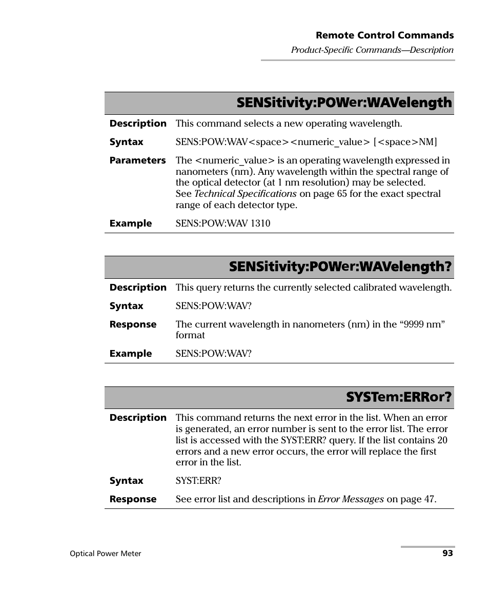 Sensitivity:power:wavelength, System:error | EXFO PM-1100 Optical Power Meter User Manual | Page 103 / 111