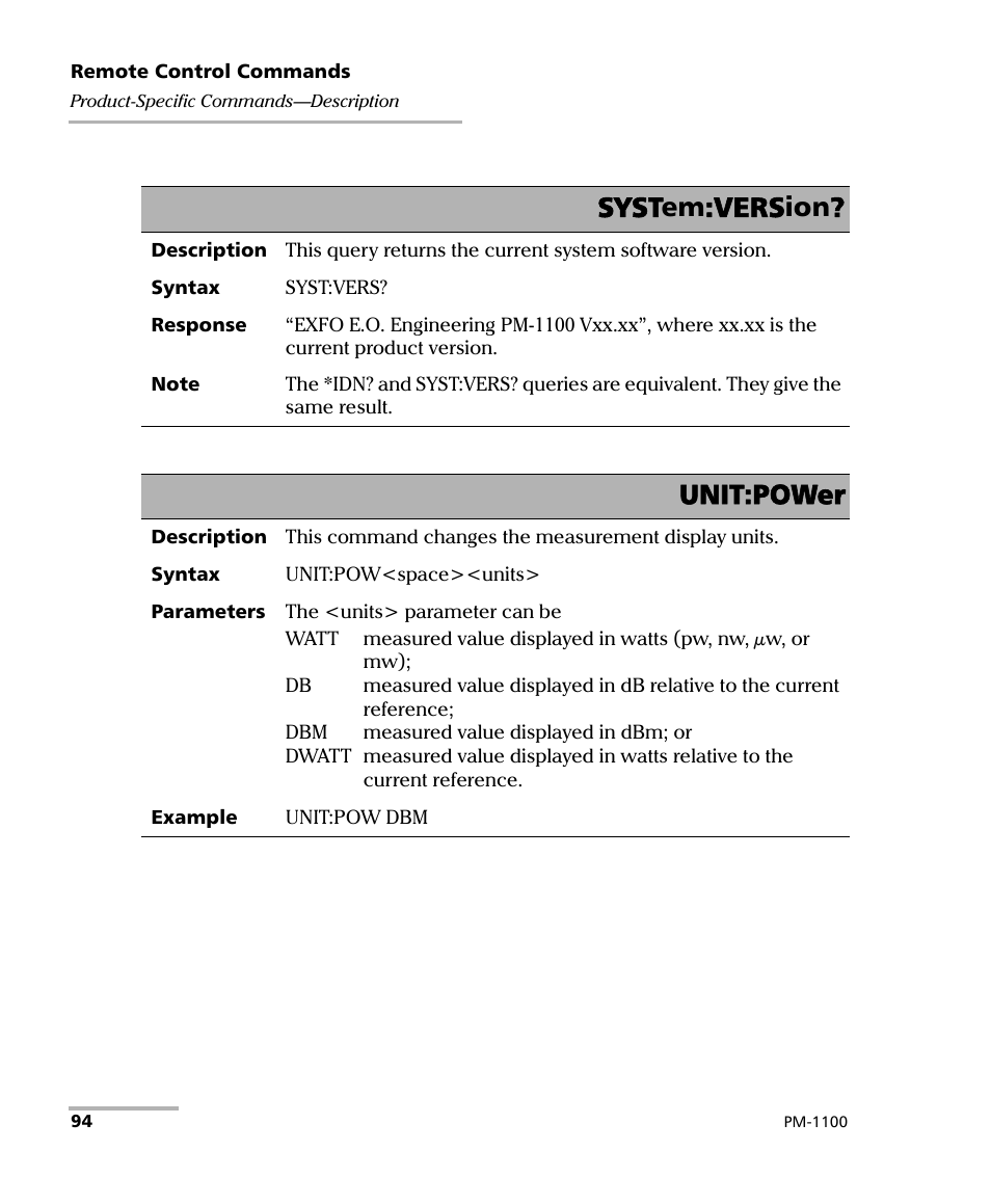 System:version, Unit:power | EXFO PM-1100 Optical Power Meter User Manual | Page 104 / 111