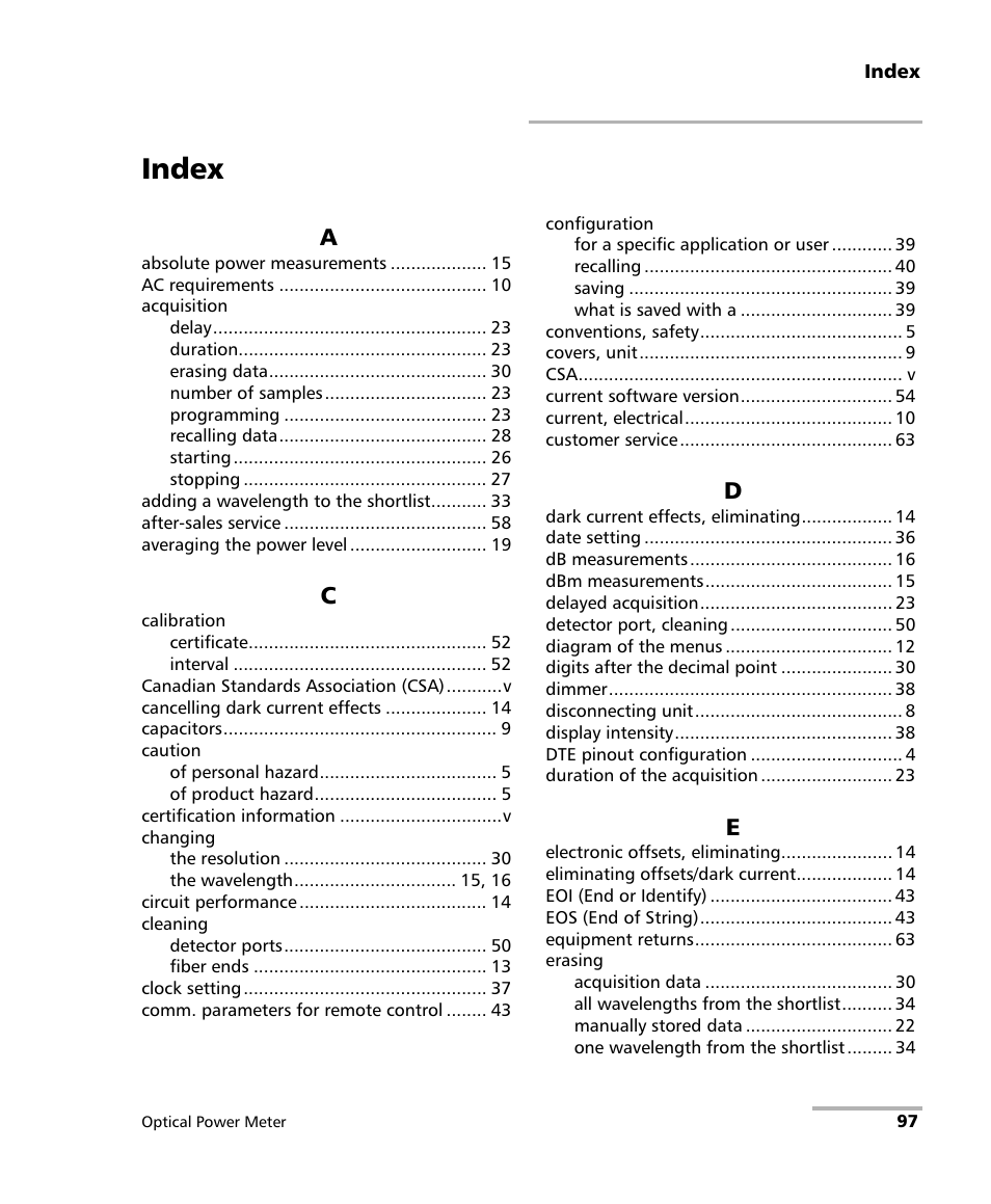 Index | EXFO PM-1100 Optical Power Meter User Manual | Page 107 / 111