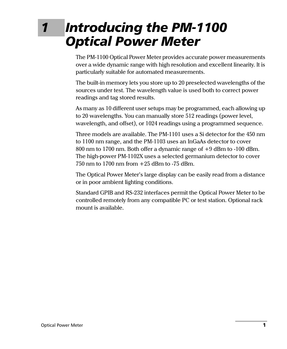1 introducing the pm-1100 optical power meter | EXFO PM-1100 Optical Power Meter User Manual | Page 11 / 111