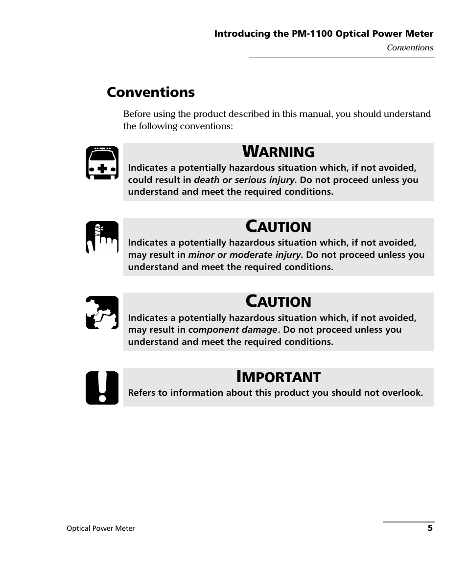 Conventions, Arning, Aution | Mportant | EXFO PM-1100 Optical Power Meter User Manual | Page 15 / 111