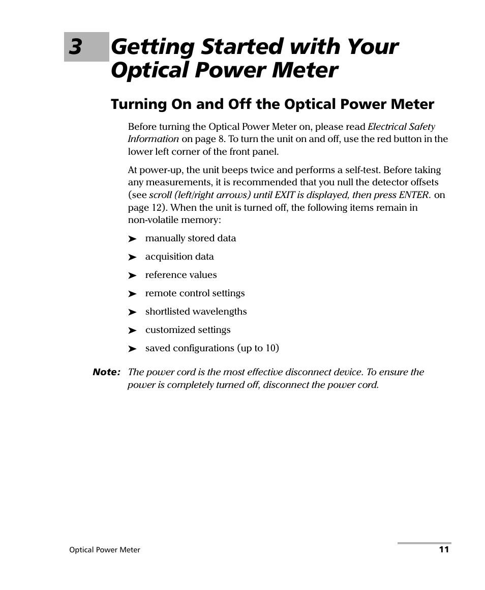 3 getting started with your optical power meter, Turning on and off the optical power meter, 3getting started with your optical power meter | EXFO PM-1100 Optical Power Meter User Manual | Page 21 / 111