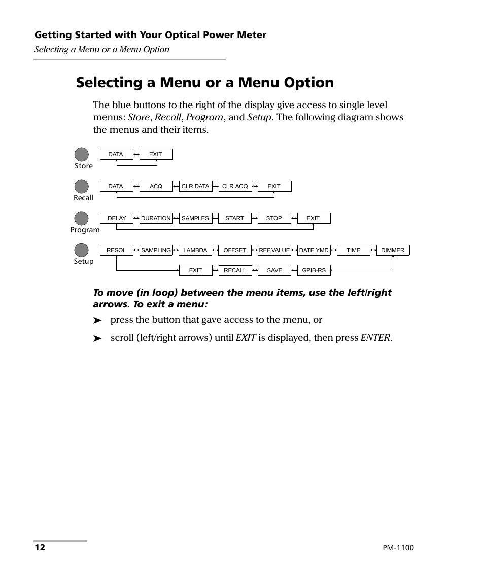 Selecting a menu or a menu option, Getting started with your optical power meter, Press the button that gave access to the menu, or | EXFO PM-1100 Optical Power Meter User Manual | Page 22 / 111