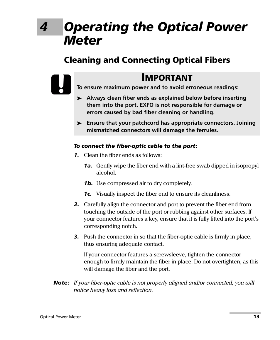 4 operating the optical power meter, Cleaning and connecting optical fibers, 4operating the optical power meter | Mportant | EXFO PM-1100 Optical Power Meter User Manual | Page 23 / 111