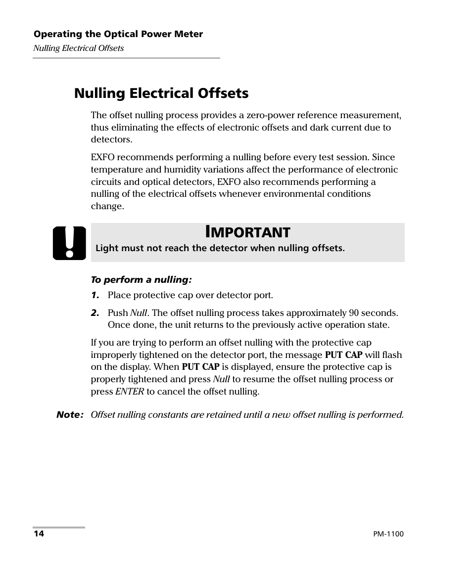 Nulling electrical offsets, Mportant | EXFO PM-1100 Optical Power Meter User Manual | Page 24 / 111