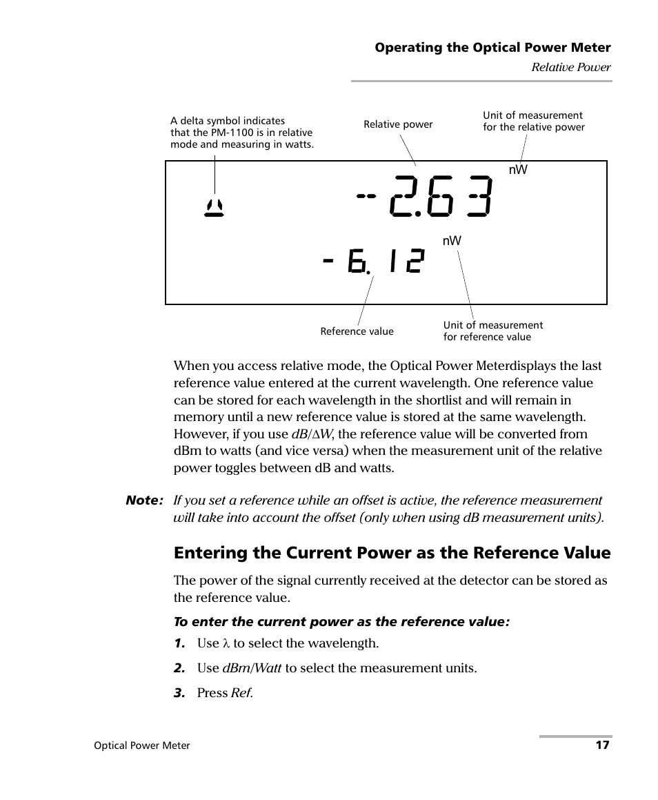 Entering the current power as the reference value | EXFO PM-1100 Optical Power Meter User Manual | Page 27 / 111