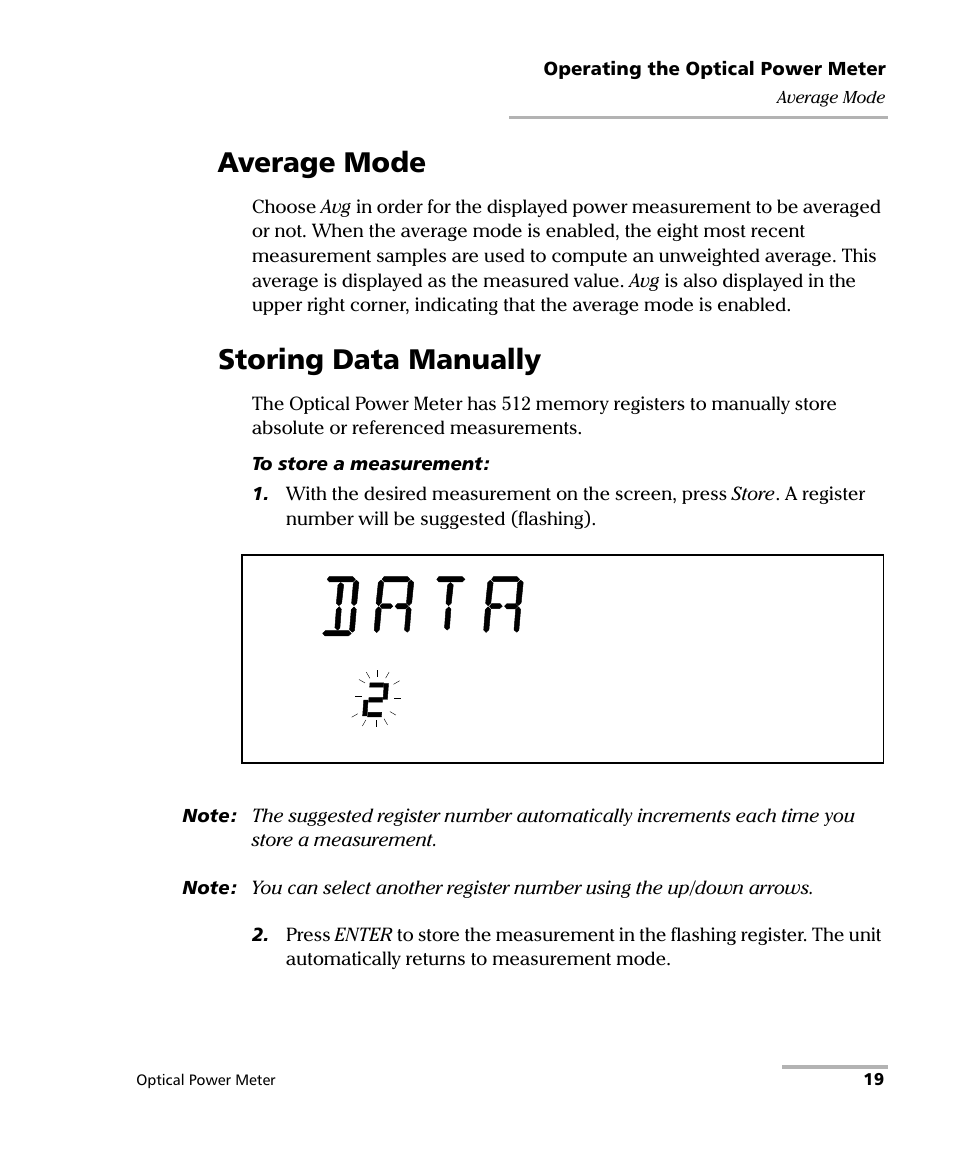 Average mode, Storing data manually | EXFO PM-1100 Optical Power Meter User Manual | Page 29 / 111