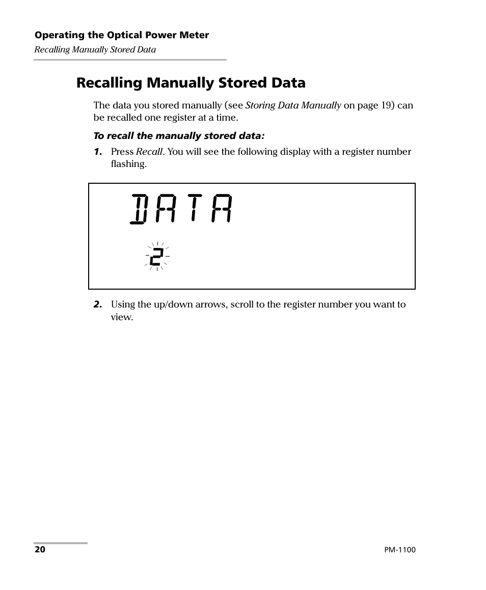 Recalling manually stored data | EXFO PM-1100 Optical Power Meter User Manual | Page 30 / 111