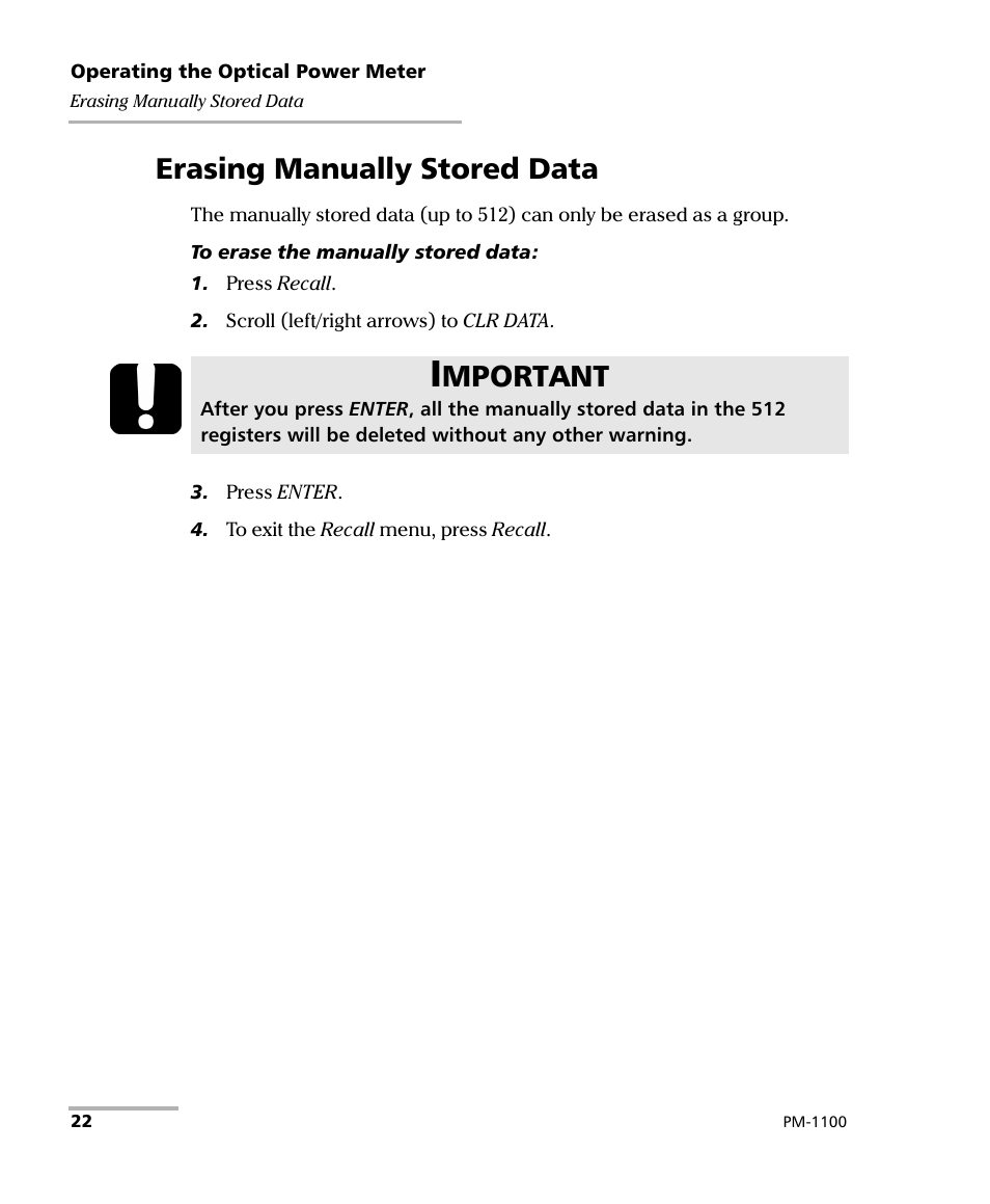 Erasing manually stored data, Mportant | EXFO PM-1100 Optical Power Meter User Manual | Page 32 / 111