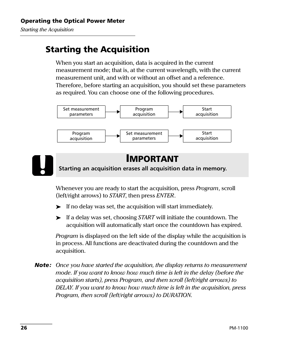 Starting the acquisition, Mportant | EXFO PM-1100 Optical Power Meter User Manual | Page 36 / 111