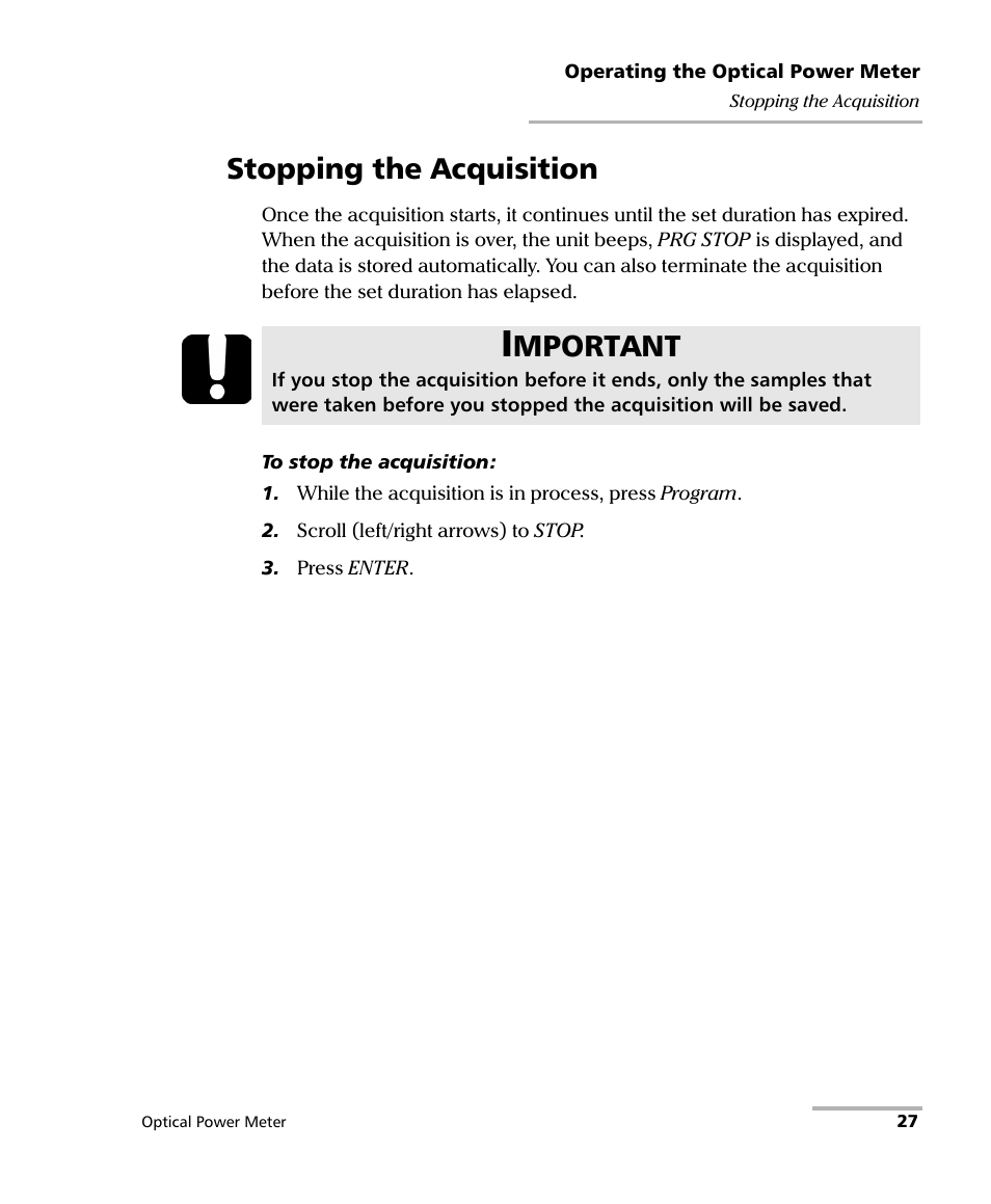Stopping the acquisition, Mportant | EXFO PM-1100 Optical Power Meter User Manual | Page 37 / 111