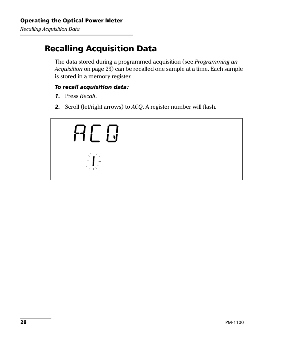 Recalling acquisition data | EXFO PM-1100 Optical Power Meter User Manual | Page 38 / 111