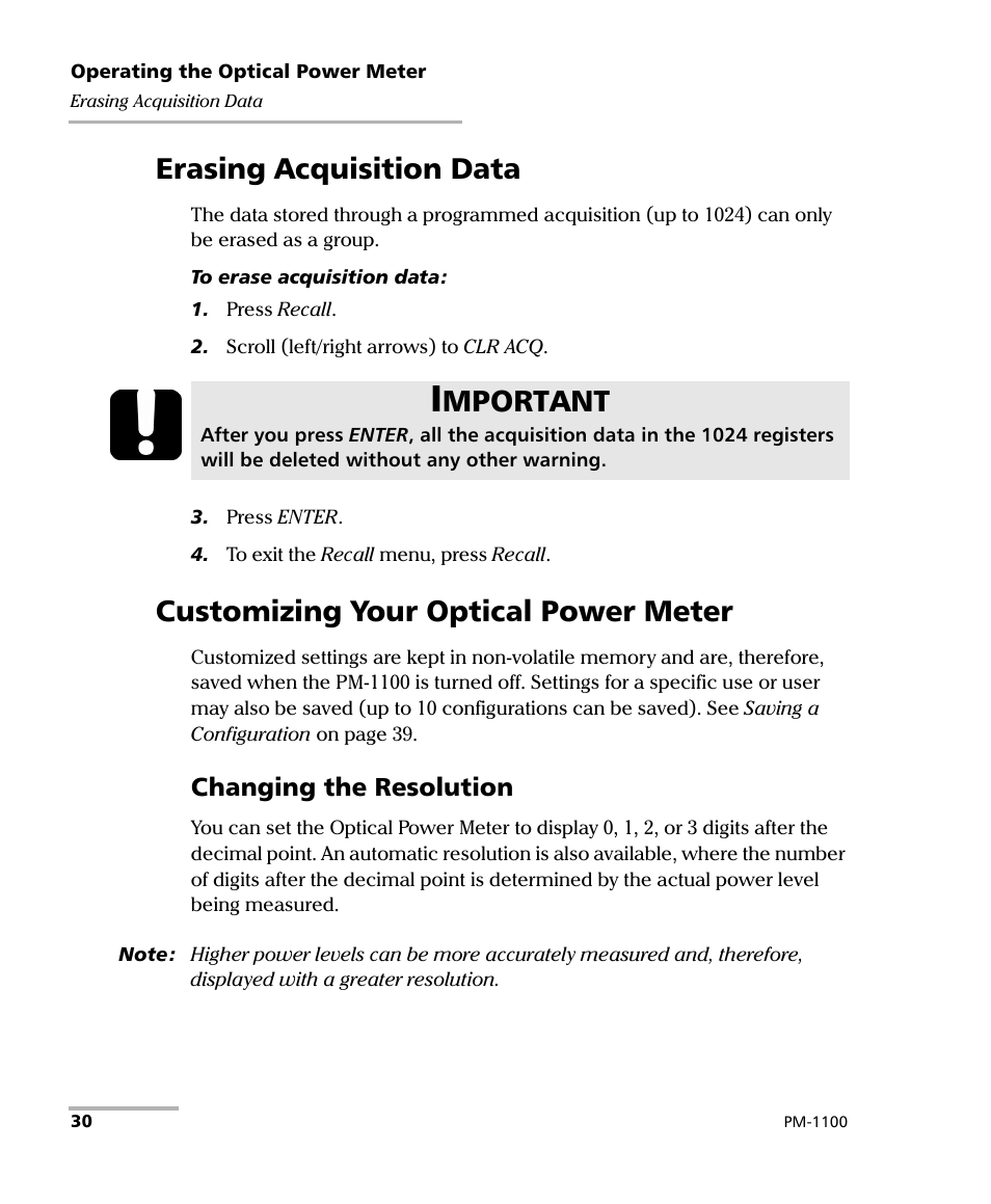 Erasing acquisition data, Customizing your optical power meter, Mportant | Changing the resolution | EXFO PM-1100 Optical Power Meter User Manual | Page 40 / 111