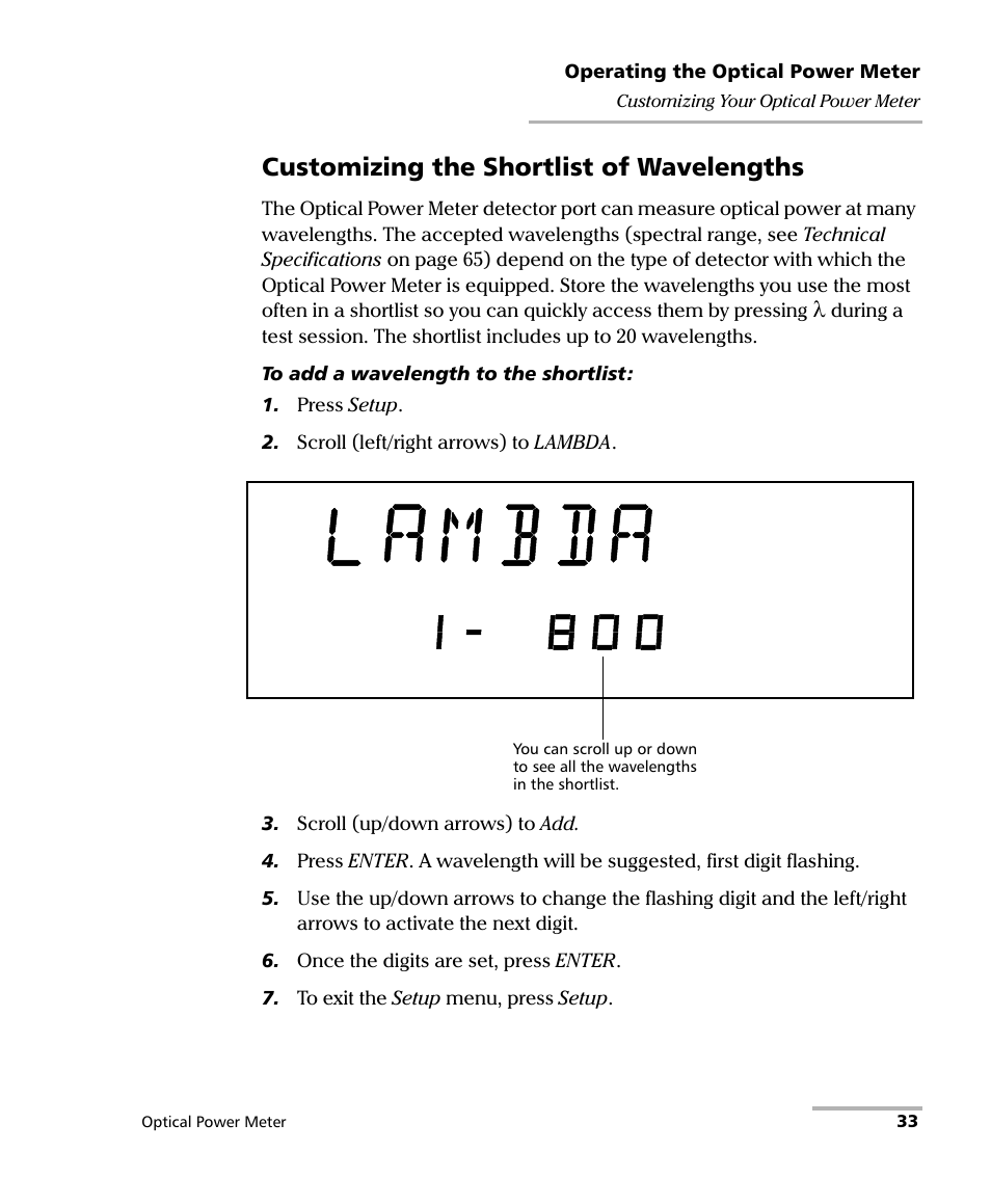 Customizing the shortlist of wavelengths | EXFO PM-1100 Optical Power Meter User Manual | Page 43 / 111