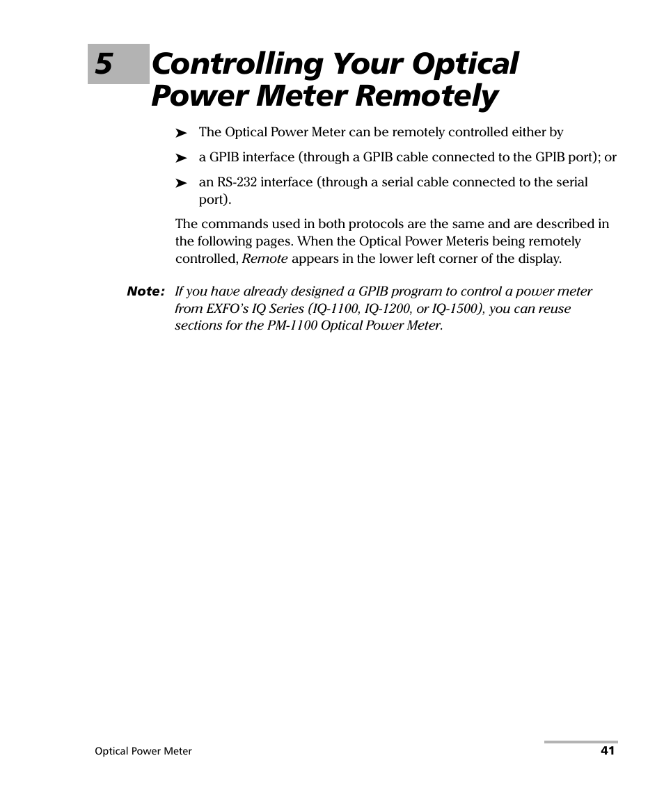 5 controlling your optical power meter remotely, 5controlling your optical power meter remotely | EXFO PM-1100 Optical Power Meter User Manual | Page 51 / 111