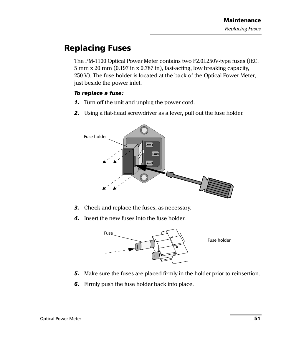 Replacing fuses | EXFO PM-1100 Optical Power Meter User Manual | Page 61 / 111