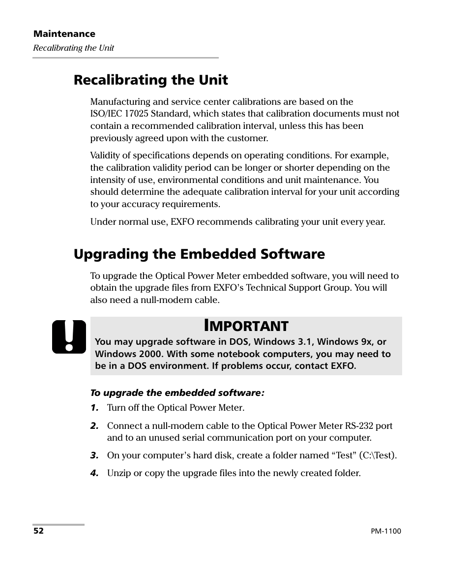 Recalibrating the unit, Upgrading the embedded software, Mportant | EXFO PM-1100 Optical Power Meter User Manual | Page 62 / 111