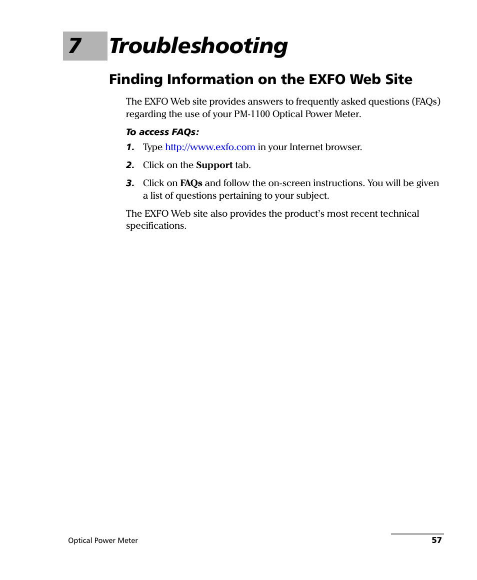 7 troubleshooting, Finding information on the exfo web site, 7troubleshooting | EXFO PM-1100 Optical Power Meter User Manual | Page 67 / 111