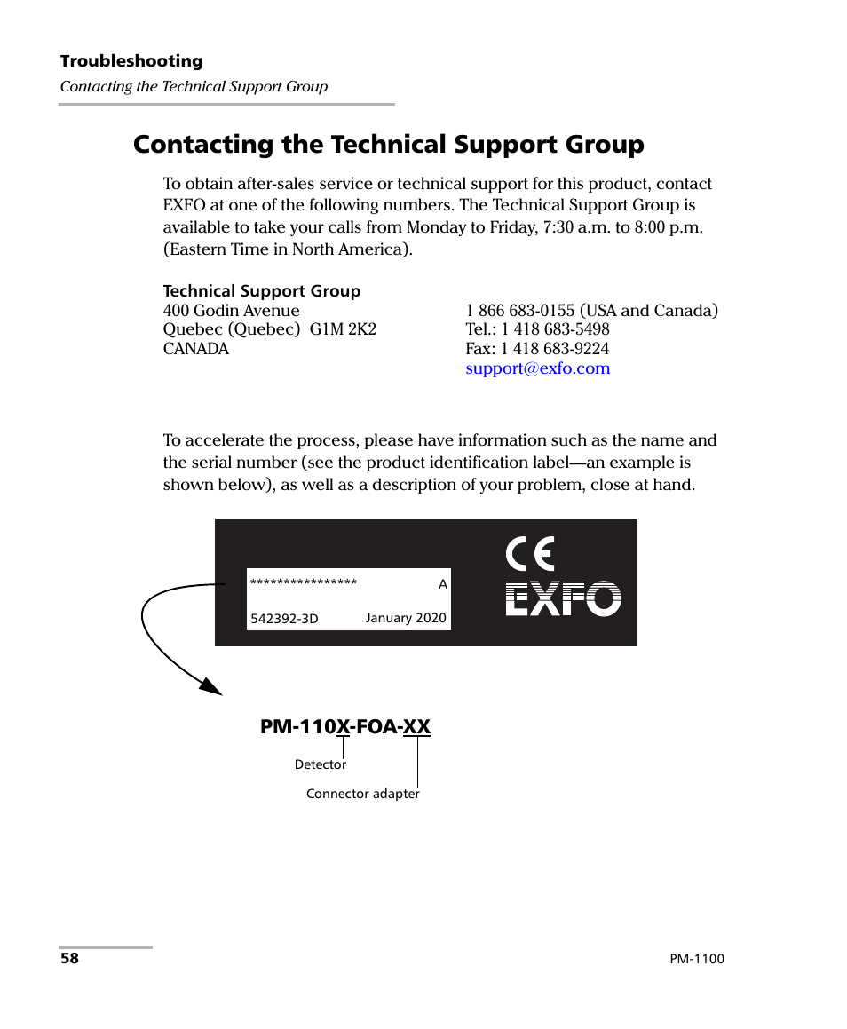 Contacting the technical support group, Pm-110x-foa-xx | EXFO PM-1100 Optical Power Meter User Manual | Page 68 / 111