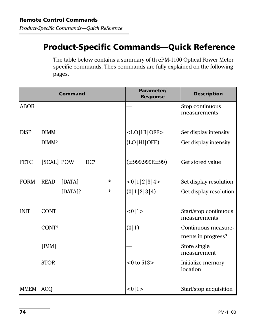 Product-specific commands-quick reference, Product-specific commands—quick reference | EXFO PM-1100 Optical Power Meter User Manual | Page 84 / 111