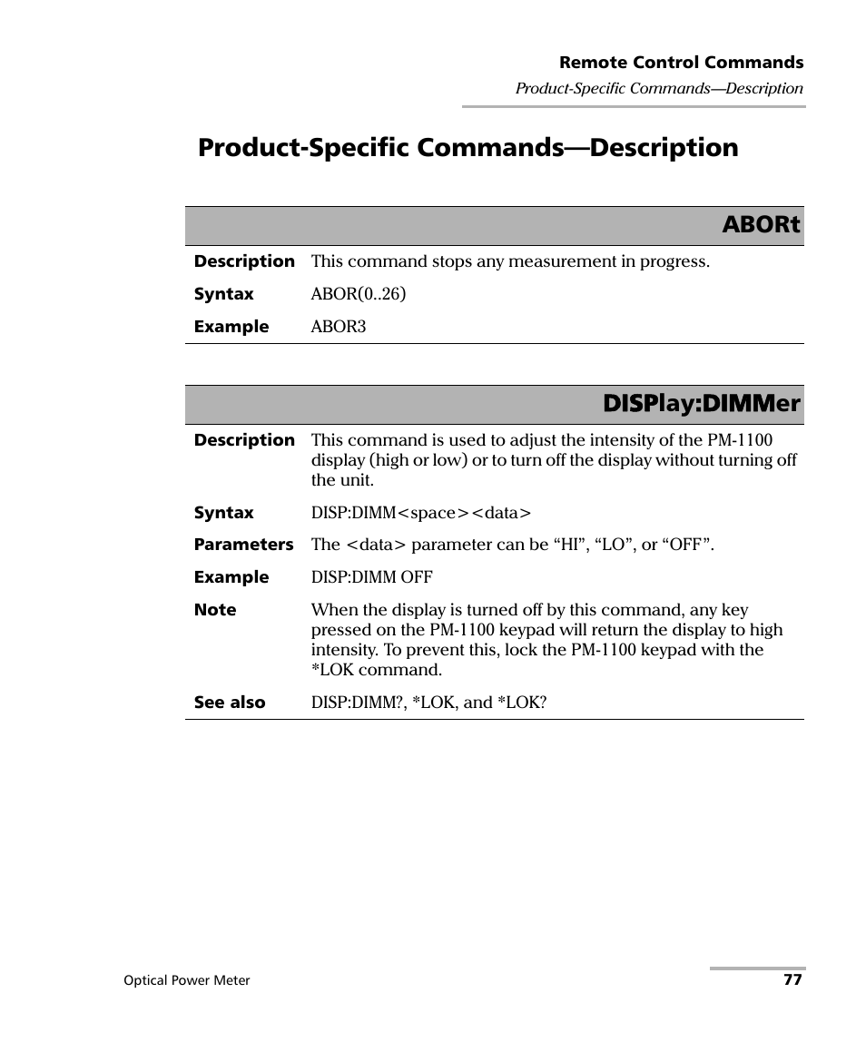 Product-specific commands-description, Product-specific commands—description, Abort | Display:dimmer | EXFO PM-1100 Optical Power Meter User Manual | Page 87 / 111