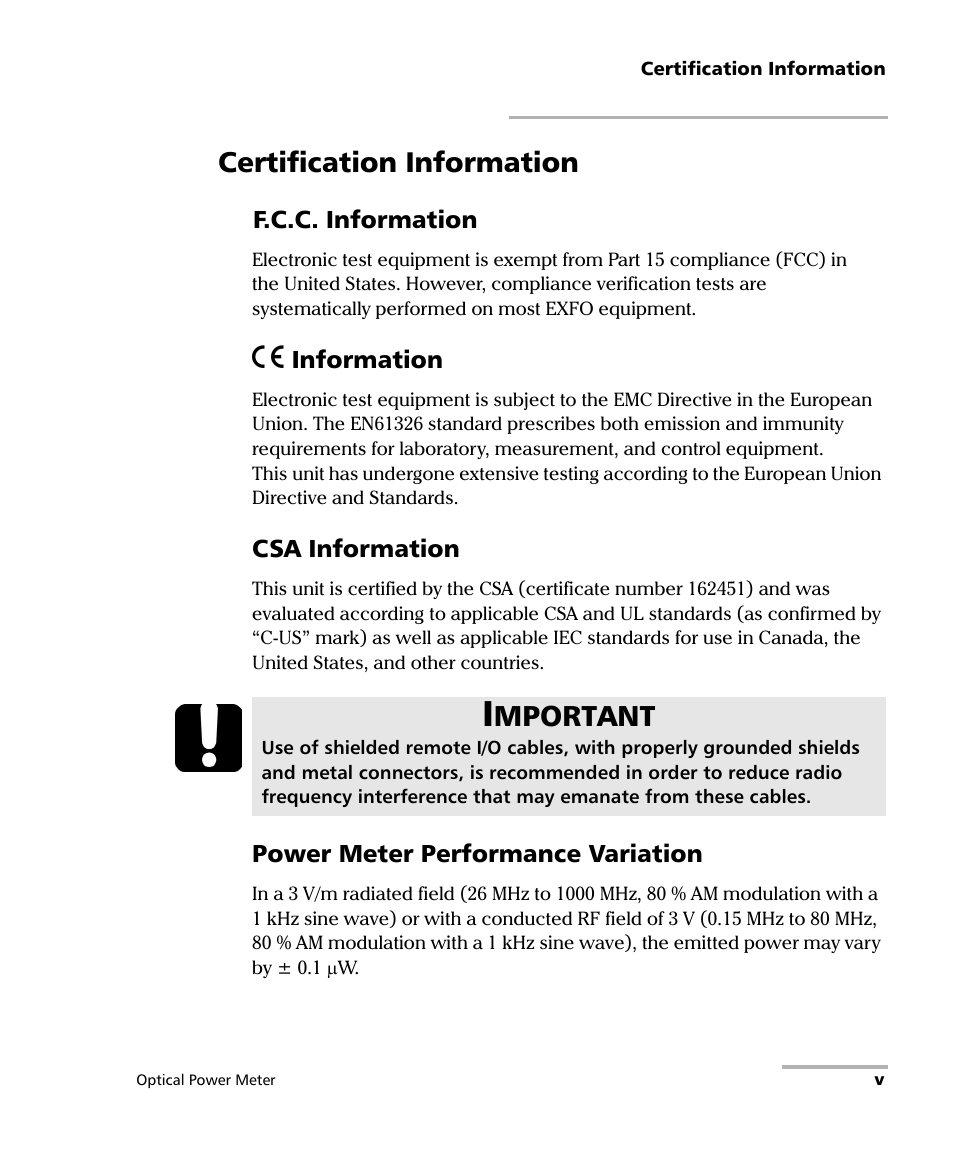 Certification information, Mportant | EXFO PM-1100 Optical Power Meter User Manual | Page 9 / 111