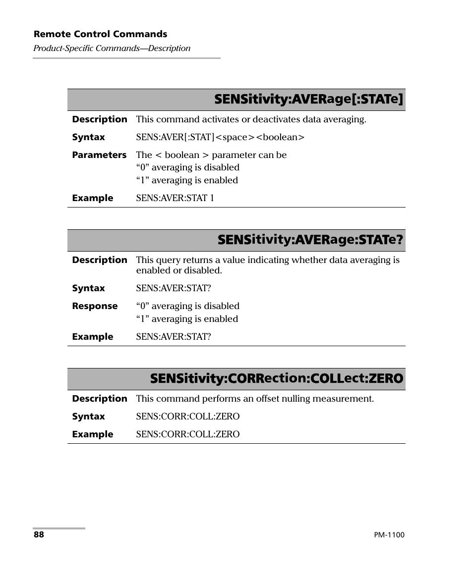 Sensitivity:average[:state, Sensitivity:average:state, Sensitivity:correction:collect:zero | EXFO PM-1100 Optical Power Meter User Manual | Page 98 / 111