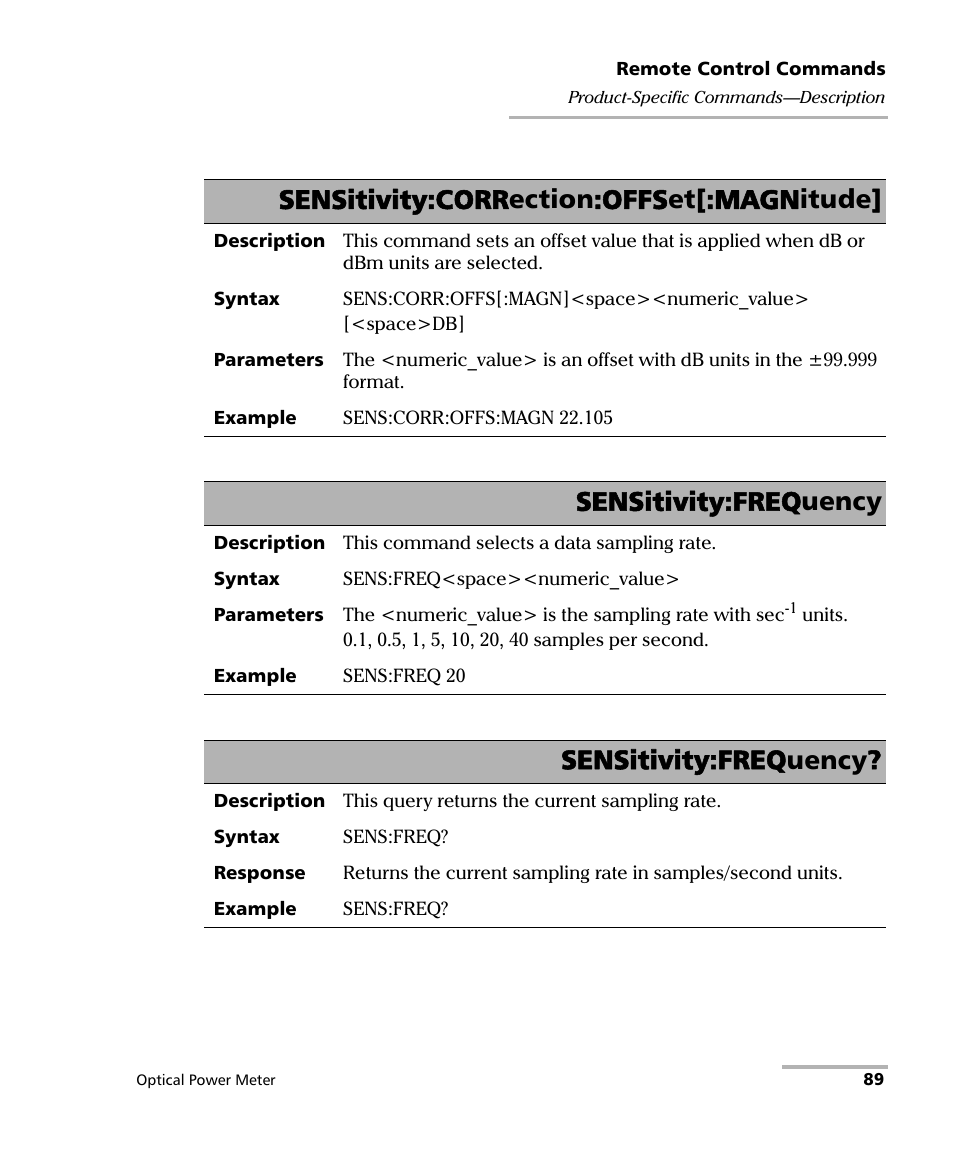 Sensitivity:correction:offset[:magnitude, Sensitivity:frequency | EXFO PM-1100 Optical Power Meter User Manual | Page 99 / 111
