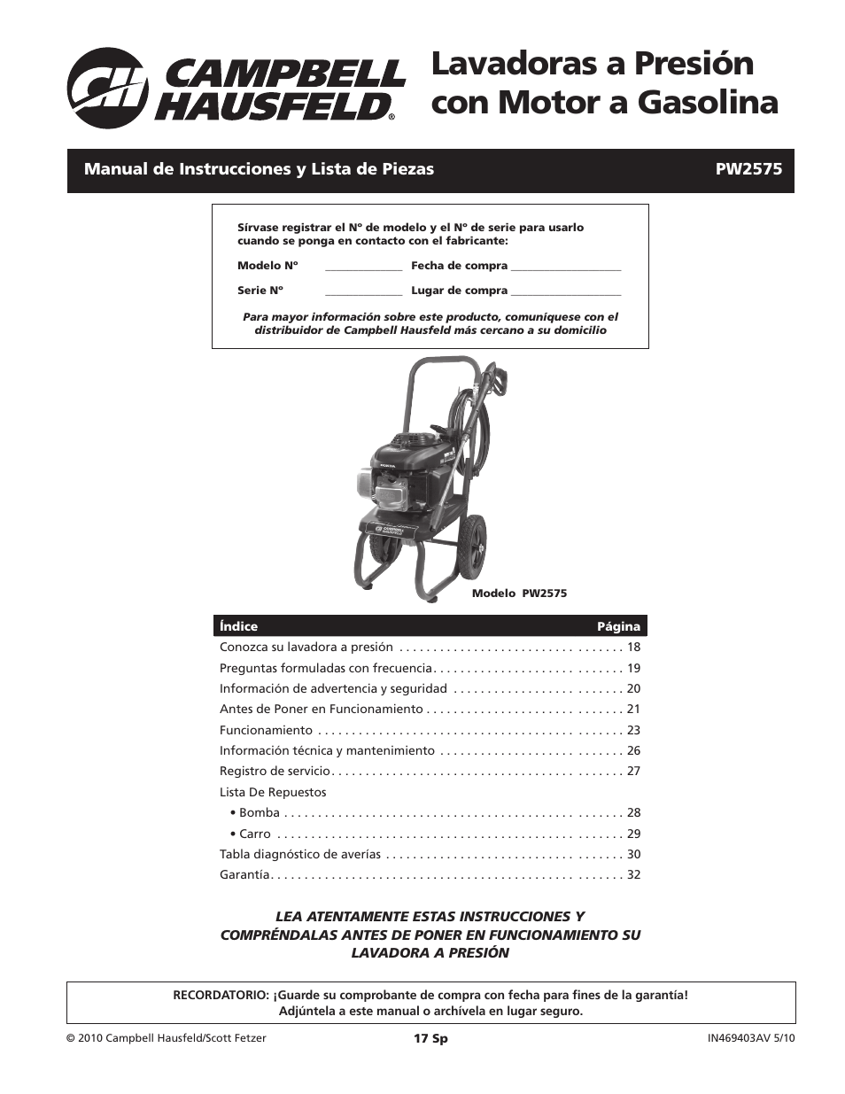 Lavadoras a presión con motor a gasolina | Campbell Hausfeld IN469403AV User Manual | Page 17 / 32