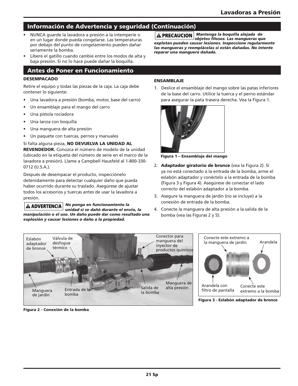 Lavadoras a presión, Antes de poner en funcionamiento | Campbell Hausfeld IN469403AV User Manual | Page 21 / 32