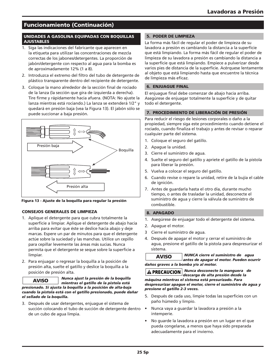 Lavadoras a presión, Funcionamiento (continuación) | Campbell Hausfeld IN469403AV User Manual | Page 25 / 32